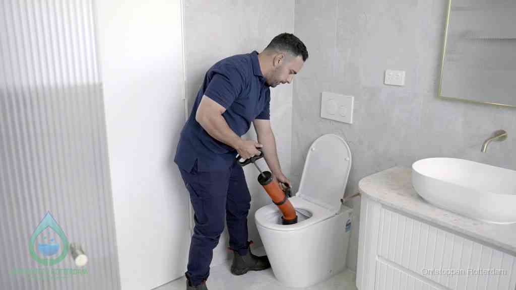 Een monteur buigt over een wandcloset en duwt met de hand een persluchtontstopper in de toiletpot om de verstopping handmatig los te maken in Rotterdam