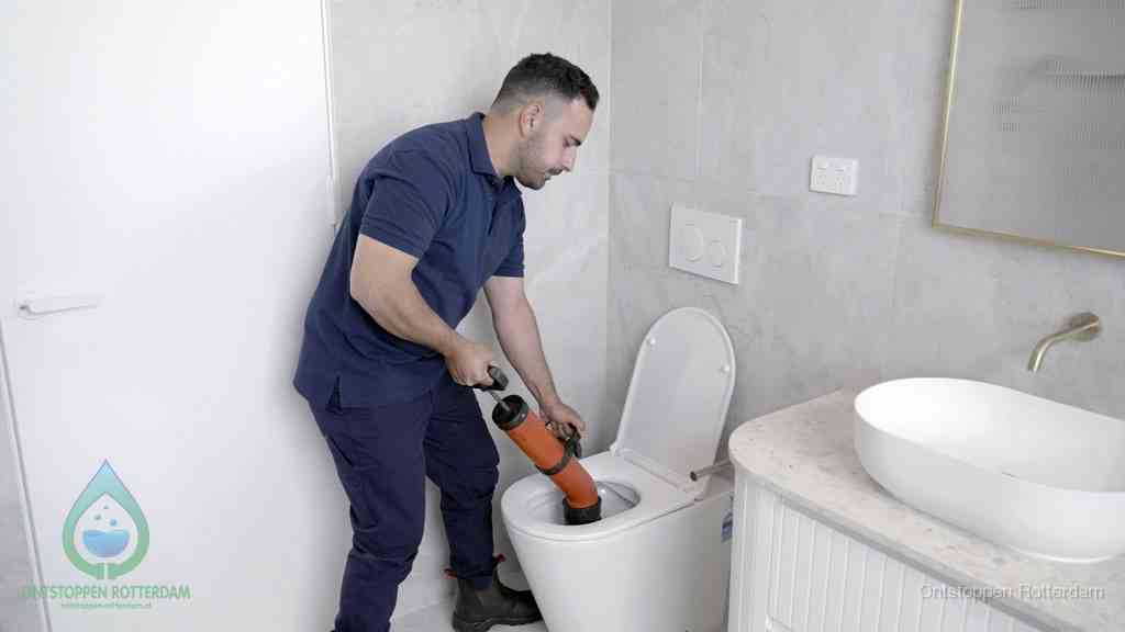 Een monteur gebruikt een handmatige perspomp (toiletontstopper) op een wandcloset tijdens het professioneel wc ontstoppen in Rotterdam
